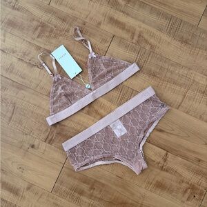 GG Monogram Sheer Nude Embroidered Lace Bralette & Low Rise Brief Set M/L